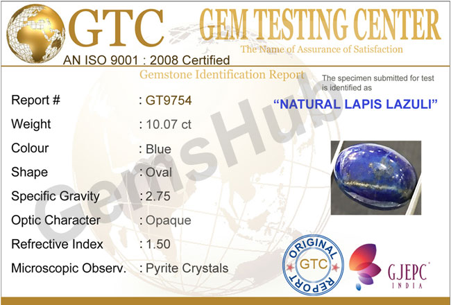 10.07 ct Natural Certified Lapis Lazuli (Lajwart)